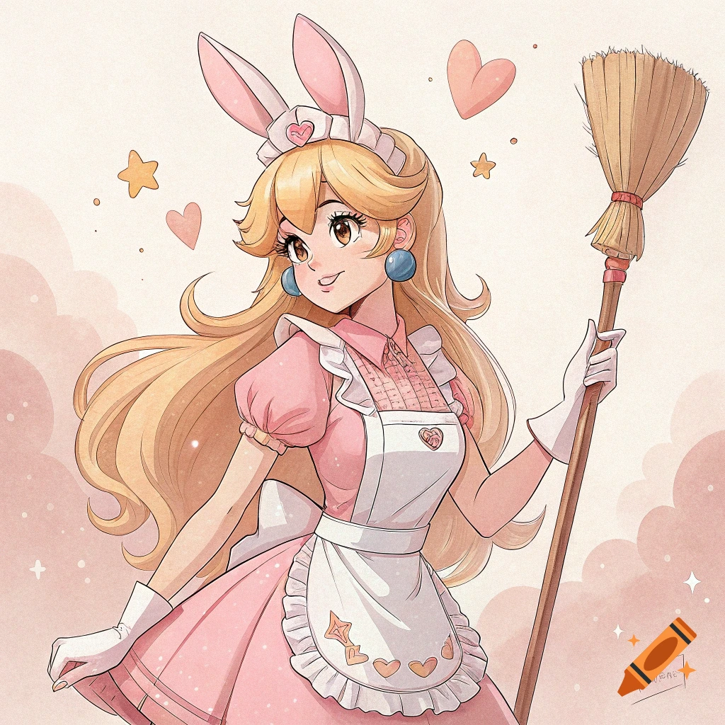 Anime drawing of Princess Peach dressed as a bunny maid holding a broom.