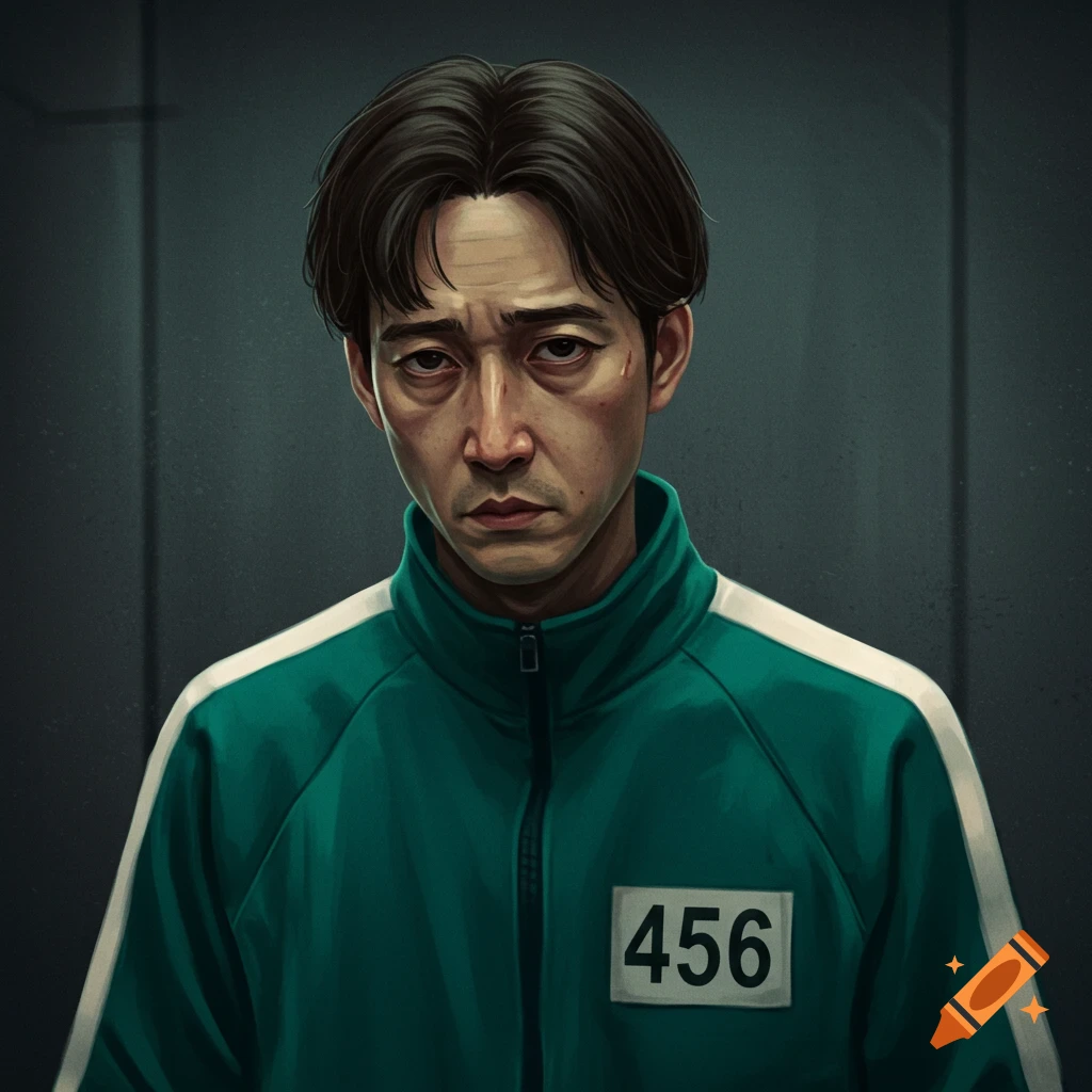 Painting of a man in a green tracksuit with a '456' badge, looking weary. Based on Squid Game character.