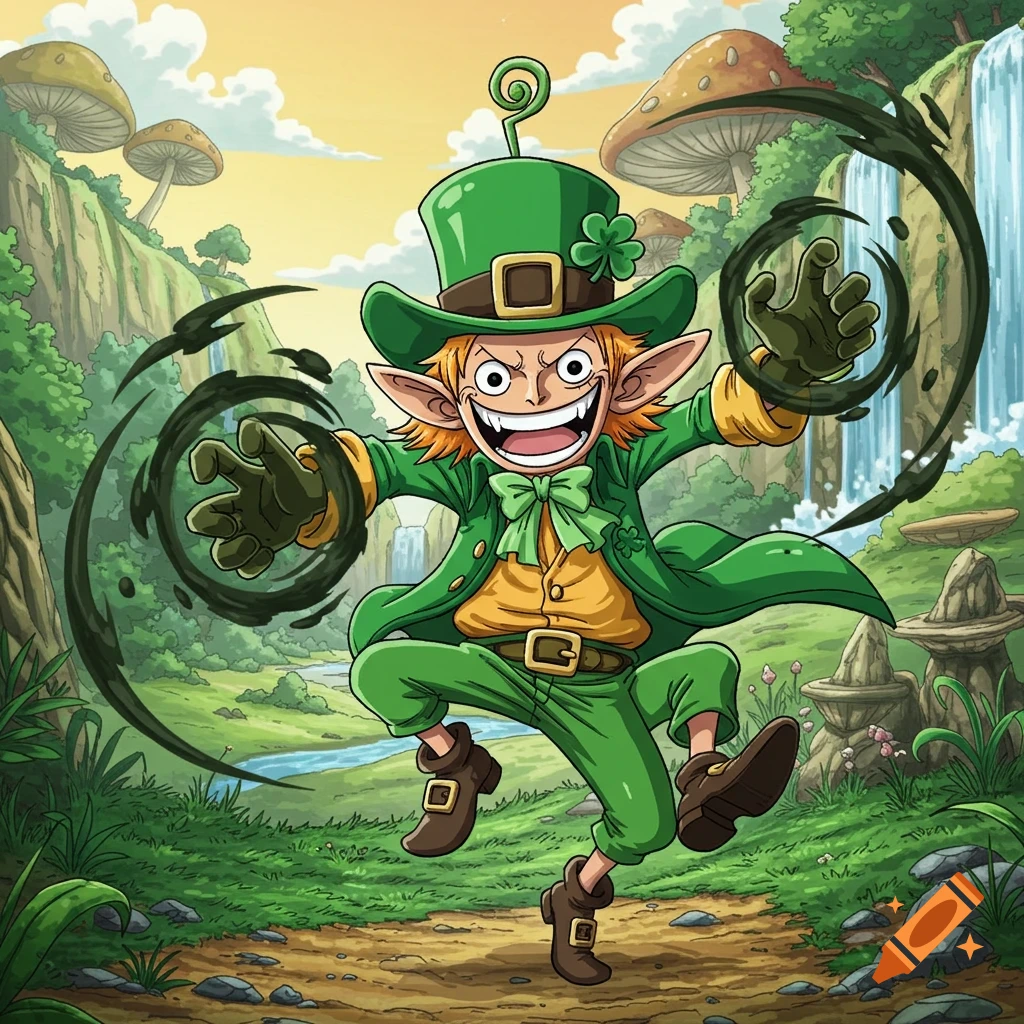 An anime-style leprechaun character in a green suit and hat stands in a fantasy forest, creating black energy swirls.
