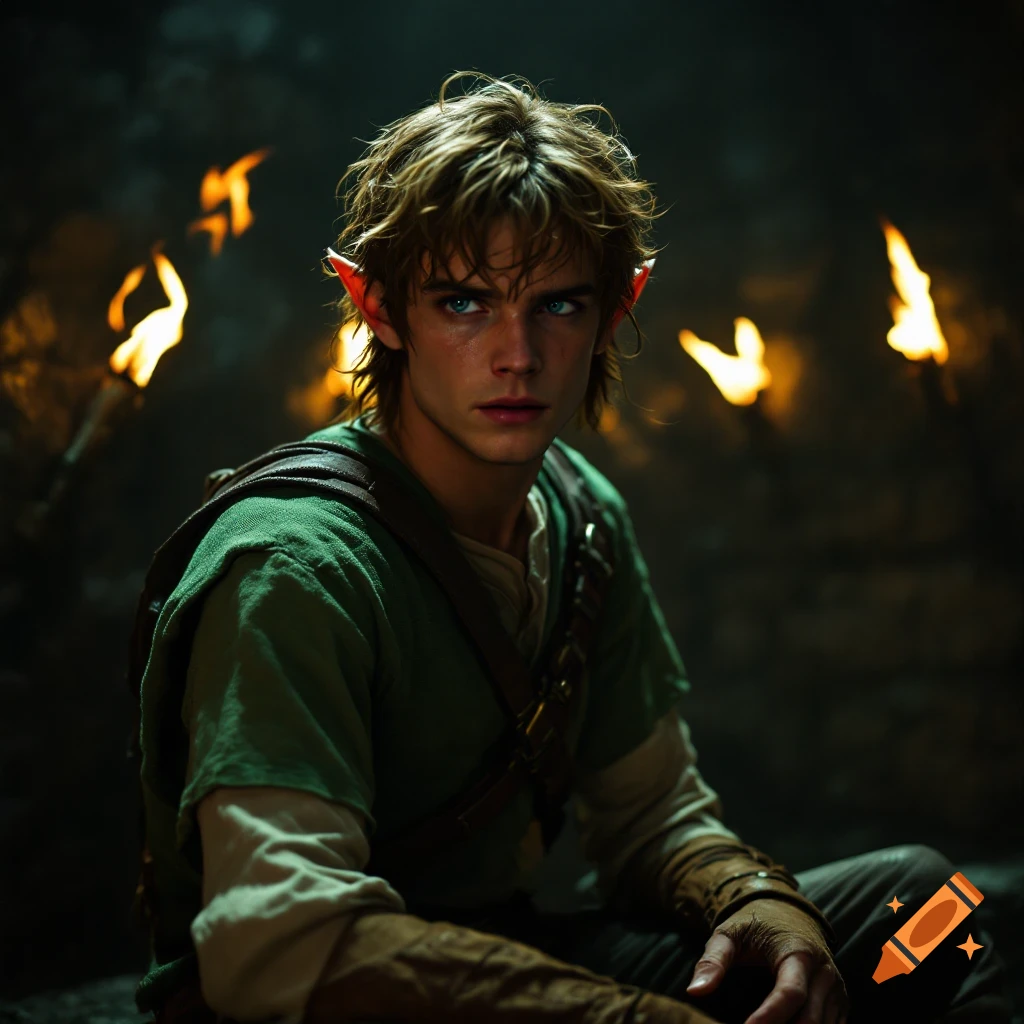 A young man with pointy ears and a green tunic sits in a dark room lit by torches.