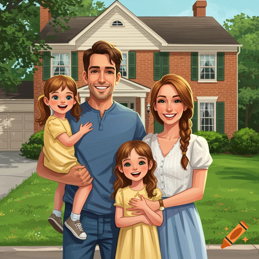 A family of four stands in front of a brick house, a father holding one daughter, while a mother stands with another.