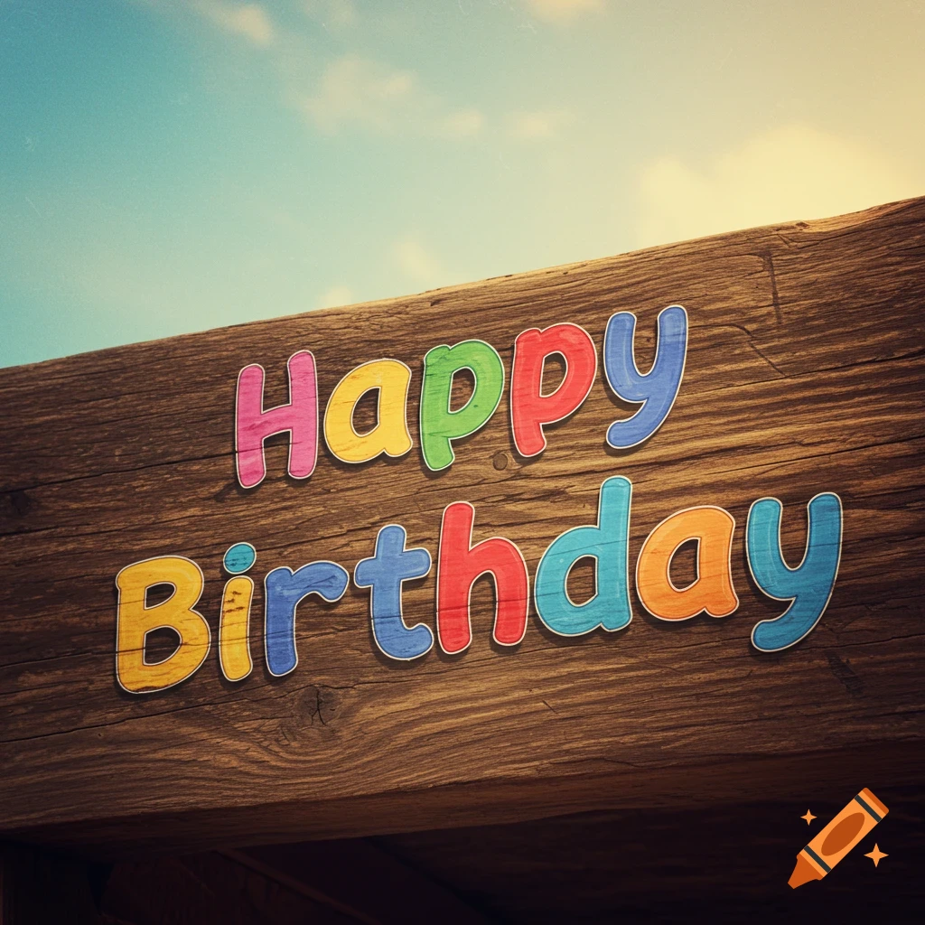 Colorful 'Happy Birthday' text on a wooden beam sign with a vintage look.