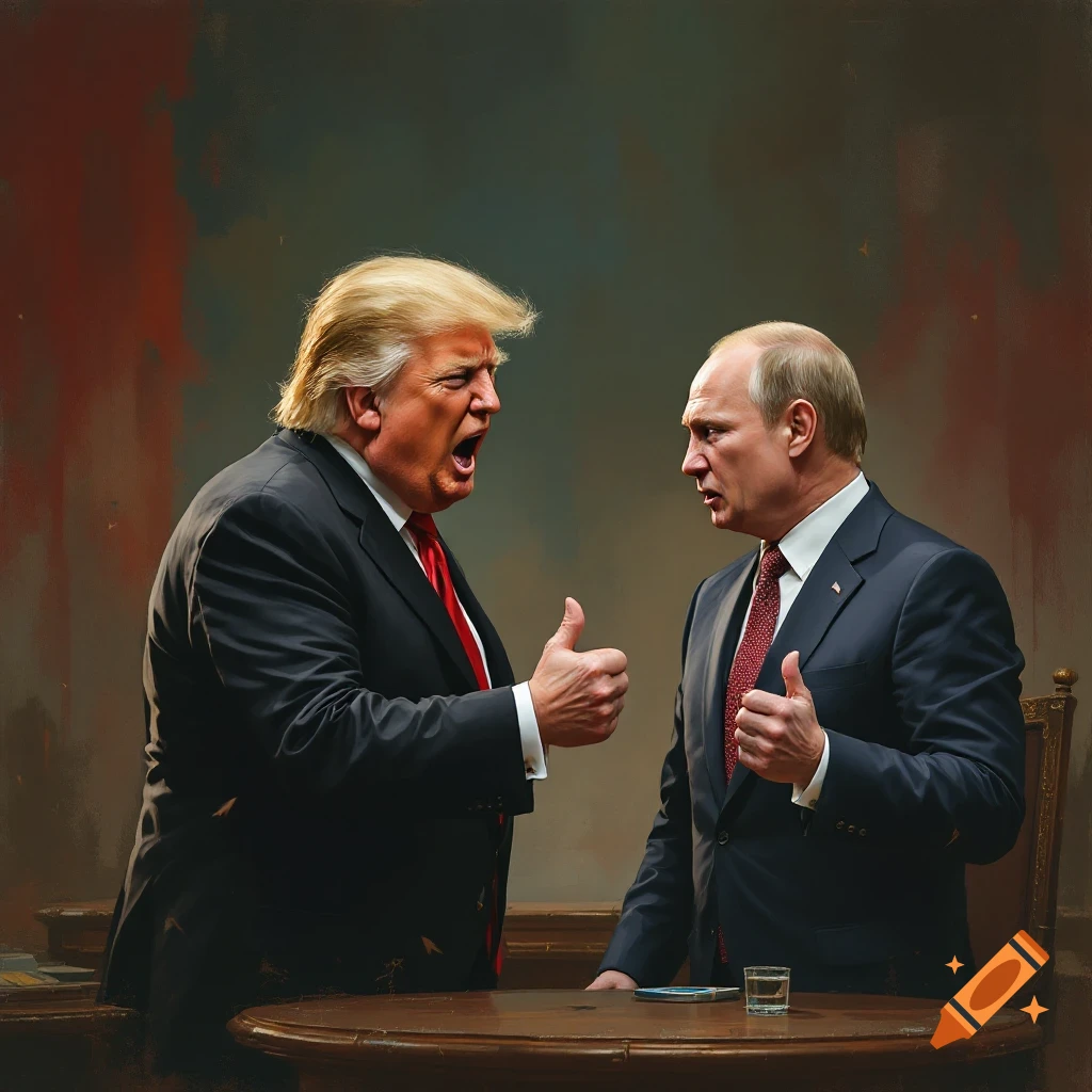Painting of Donald Trump yelling at Vladimir Putin, both giving thumbs-up behind a table.