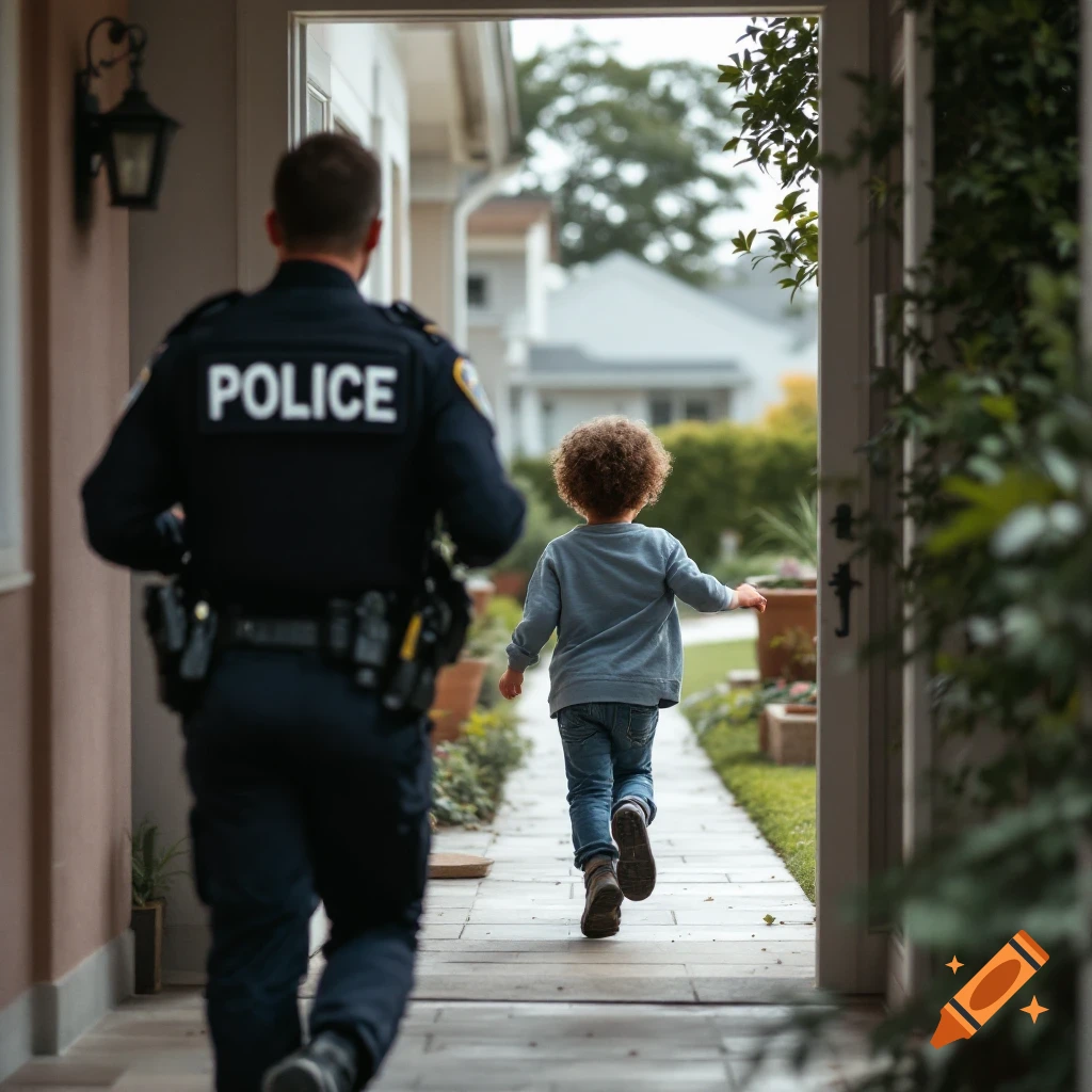 A police officer runs after a young child down a path outside a house.