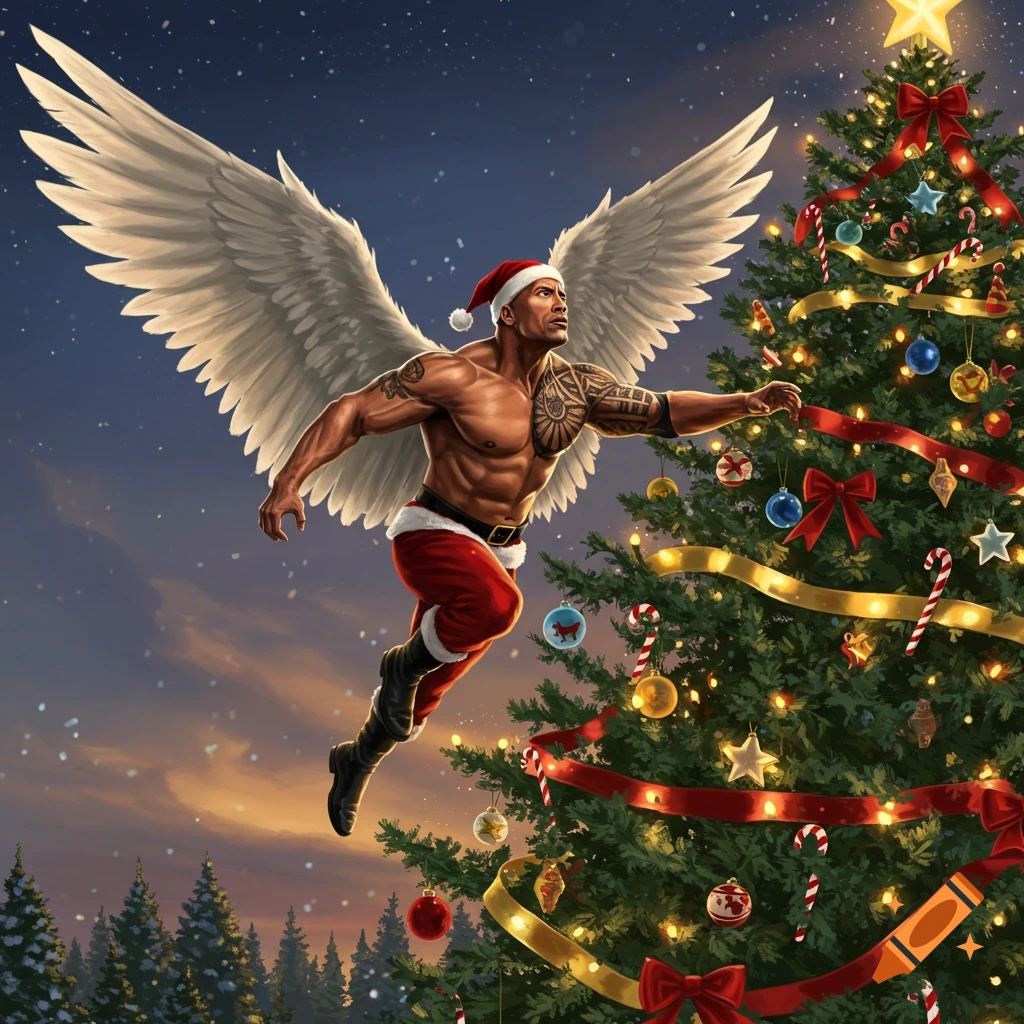 The Rock with angel wings flying towards a large decorated Christmas tree at night.