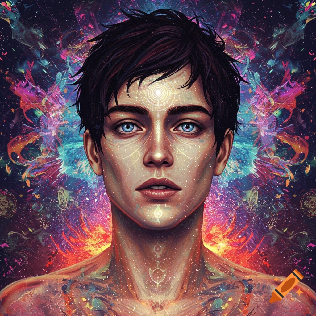 A person with glowing symbols is set against a cosmic background.