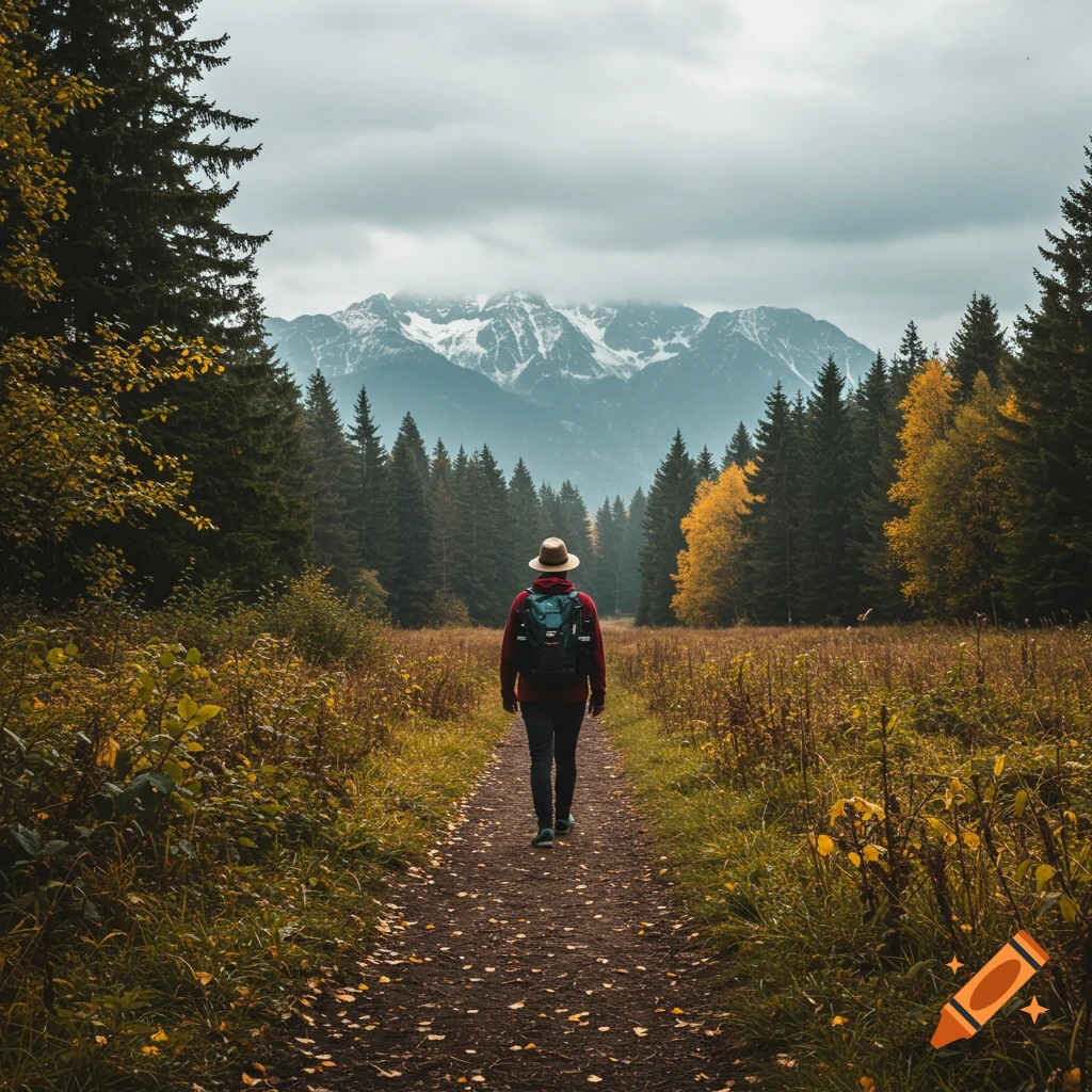 A person walks on a trail through an autumn forest towards snowy mountains under a cloudy sky.
