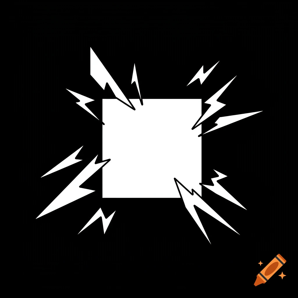 A white square surrounded by sharp, white shapes resembling lightning bolts against a black background.