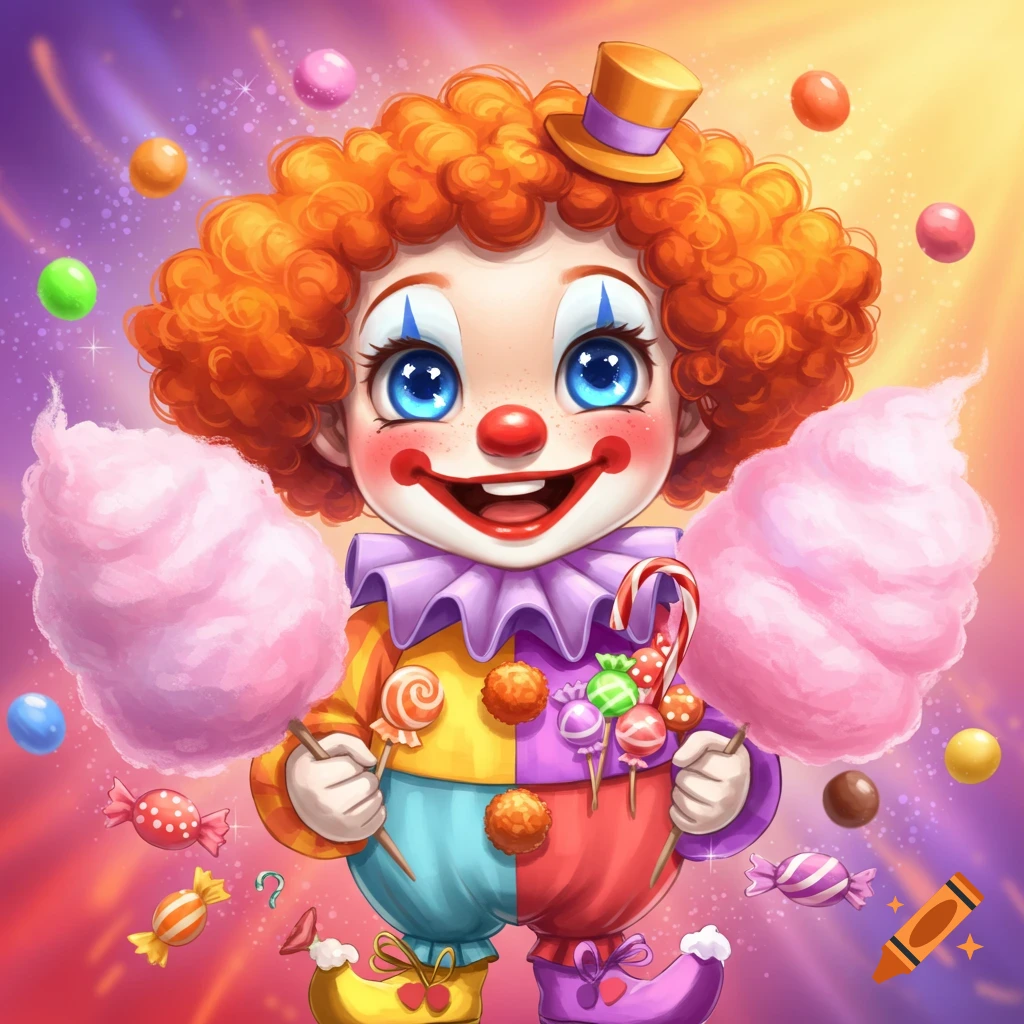 Cute picture of a clown holding candy and cotton candy