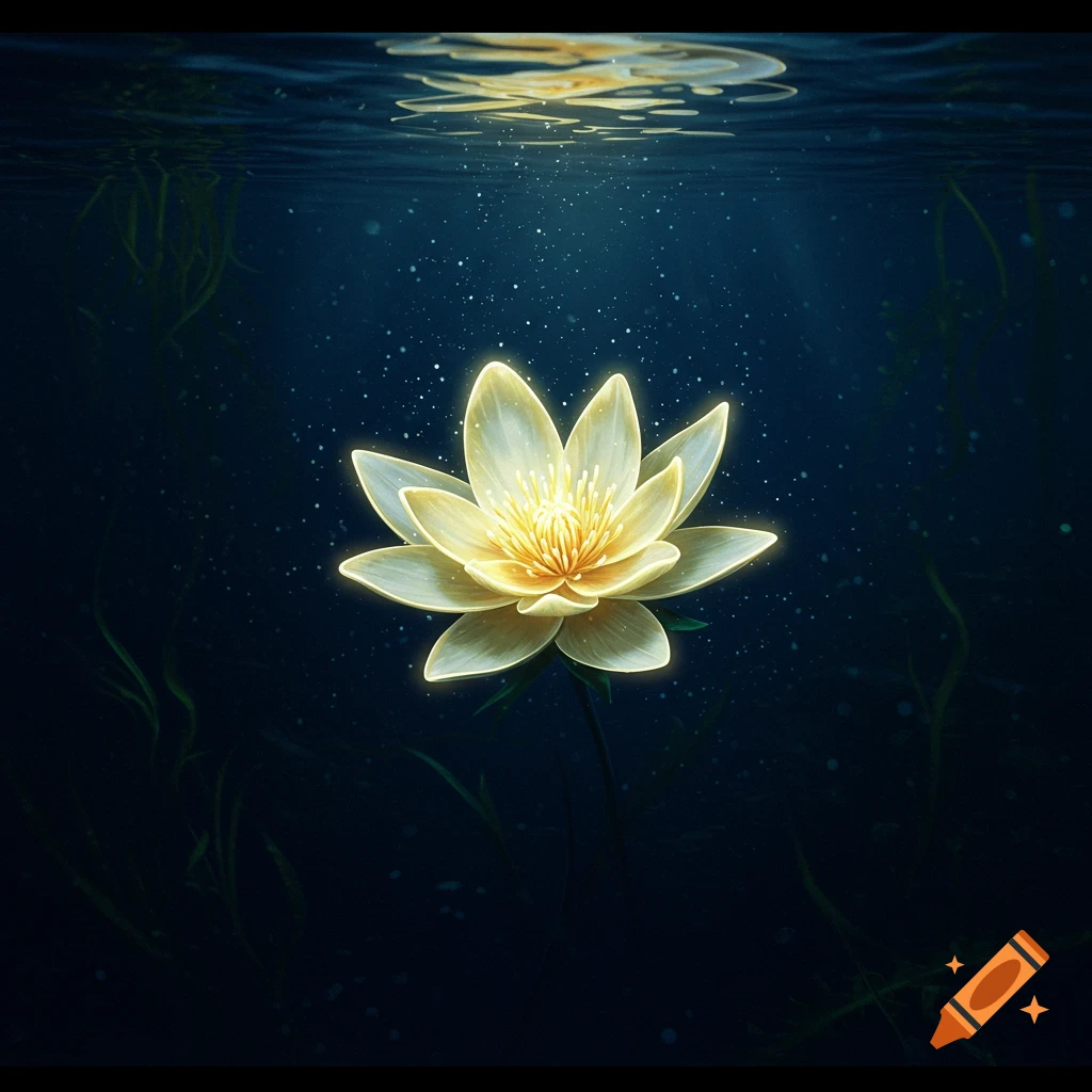 Glowing yellow-white flower underwater with light rays