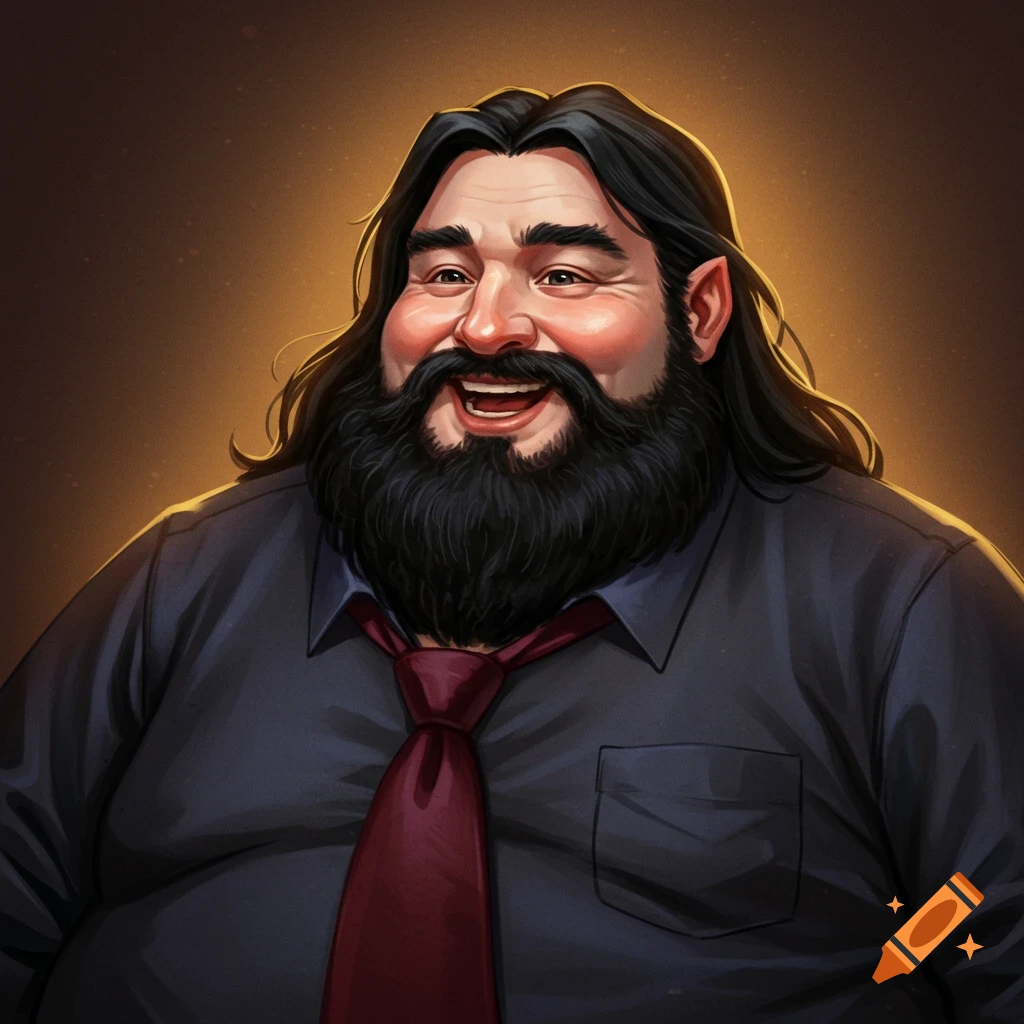 A laughing man with long black hair and beard, wearing a shirt and tie.