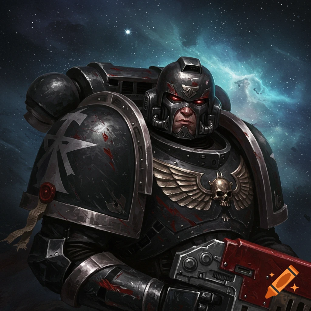 A space marine in black armor with red details, holding a weapon, against a nebula background.