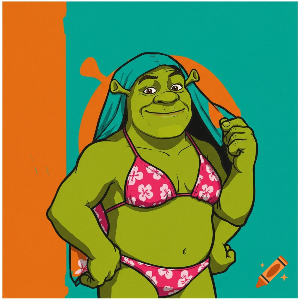 Shrek wearing a pink floral bikini.