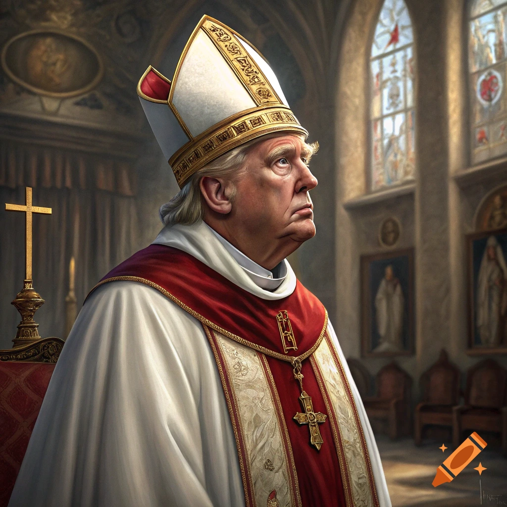 Portrait of Donald Trump wearing papal robes in a church, painted style