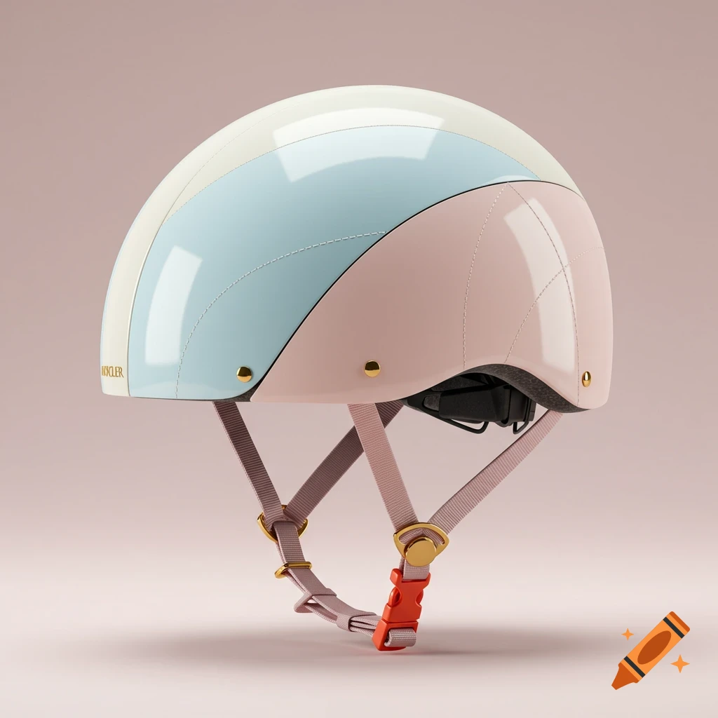 A stylish bicycle helmet in pastel pink, blue, and white with gold accents