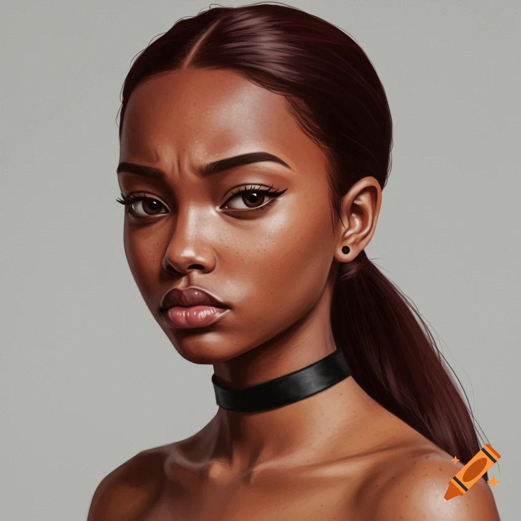 Portrait of a young Black woman with a ponytail and black choker, frowning.
