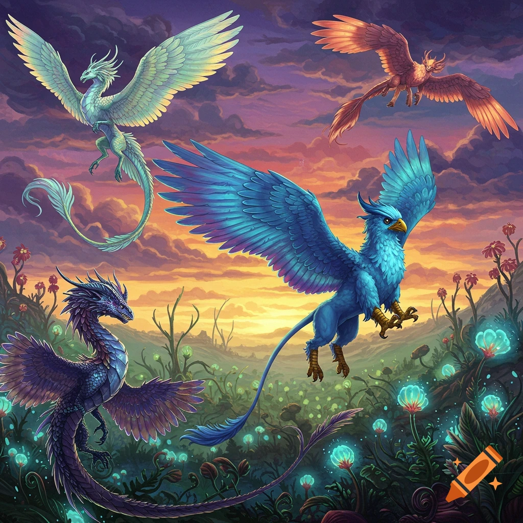 Four mythical creatures, including dragons and griffins, fly over a glowing fantasy landscape at sunset.