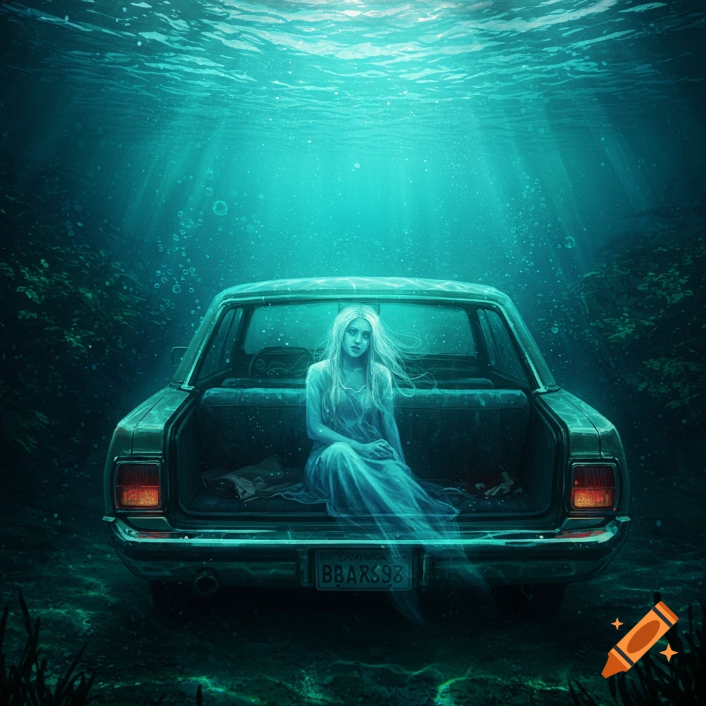 A pale ghost sitting in the back of a car submerged underwater.
