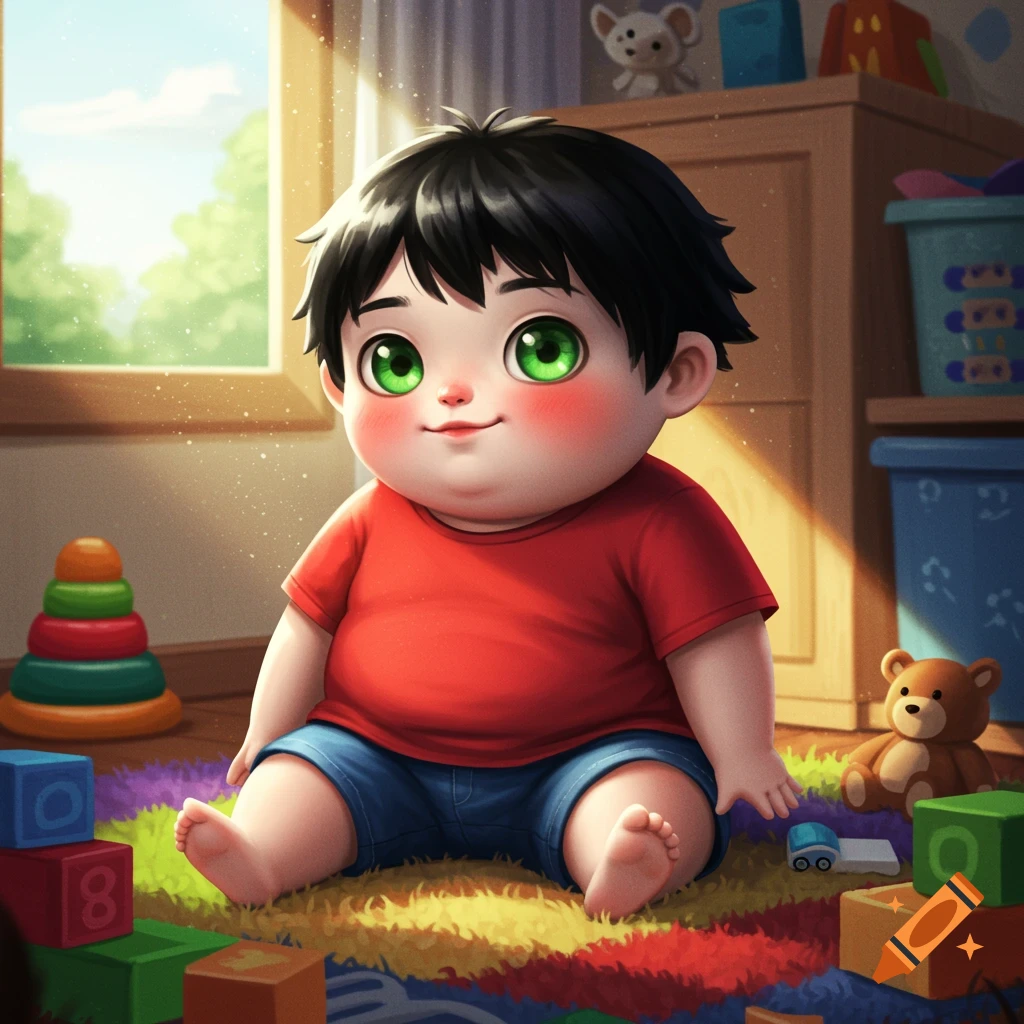 Cartoon baby boy sits on colorful rug surrounded by toys in a sunlit playroom, whimsical illustration.