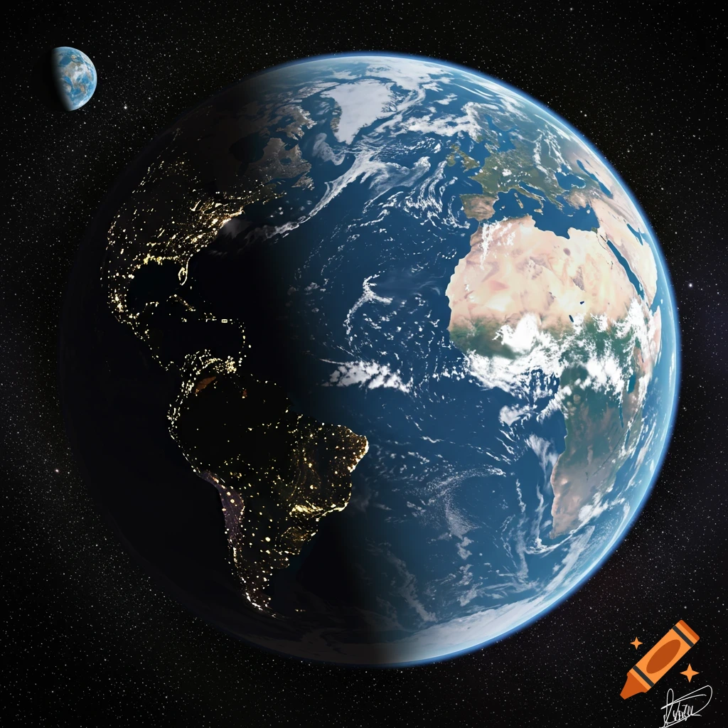 View of Earth and Moon from space, showing city lights on the night side.