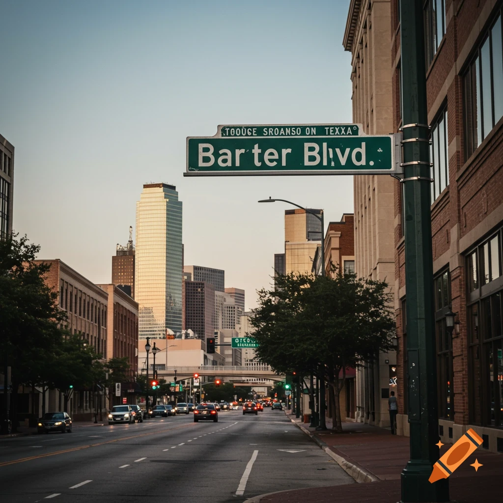 A city street scene at sunset or dusk with buildings, traffic, and a street sign reading 'Barter Blvd'.