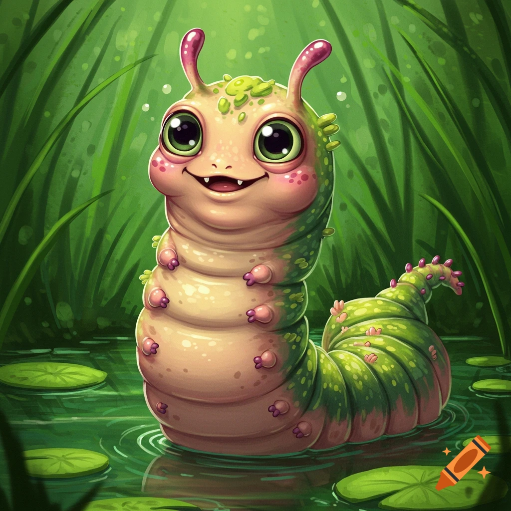 A cute, smiling cartoon caterpillar creature in a swamp with lily pads.