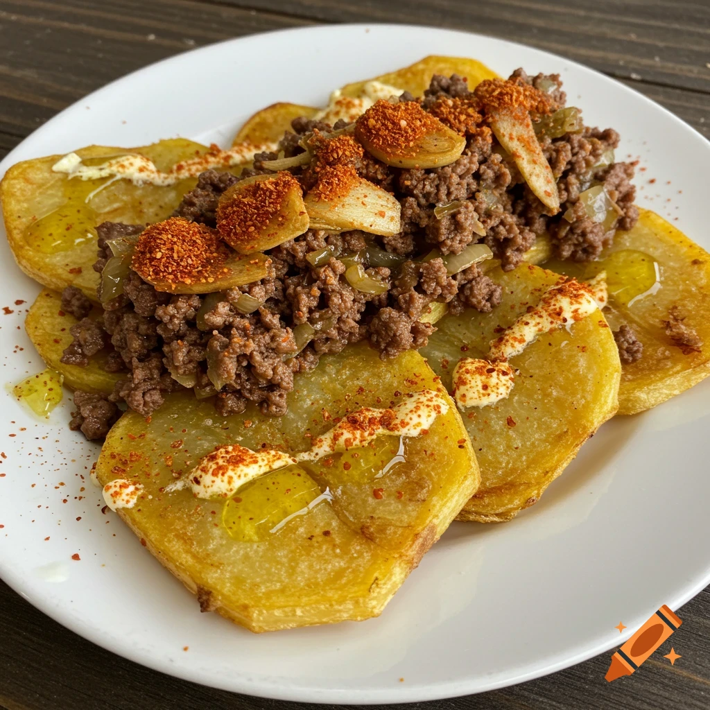 A plate of flat cooked potatoes topped with ground meat, onions, garlic, spices, and drizzle.