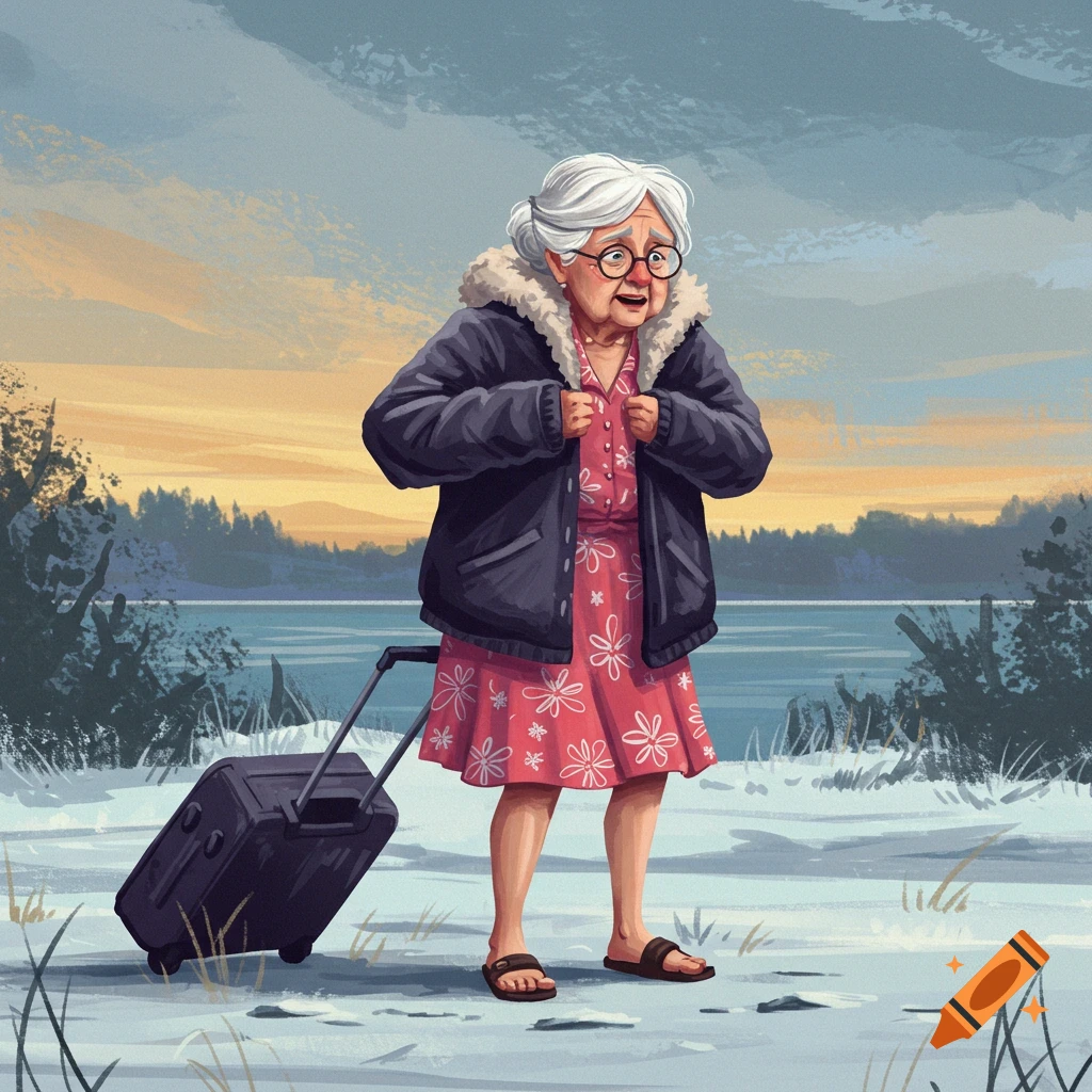 A woman in a dress and jacket shivers in a snowy landscape, holding a suitcase.