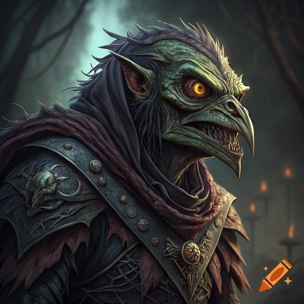Detailed illustration of a green-skinned fantasy creature in dark armor in a forest.
