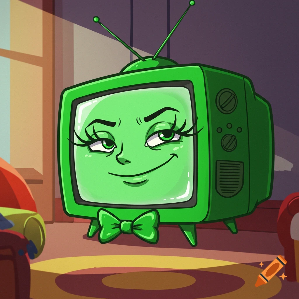 A green cartoon television with a smug face, eyelashes, and a green bowtie stands in a room.