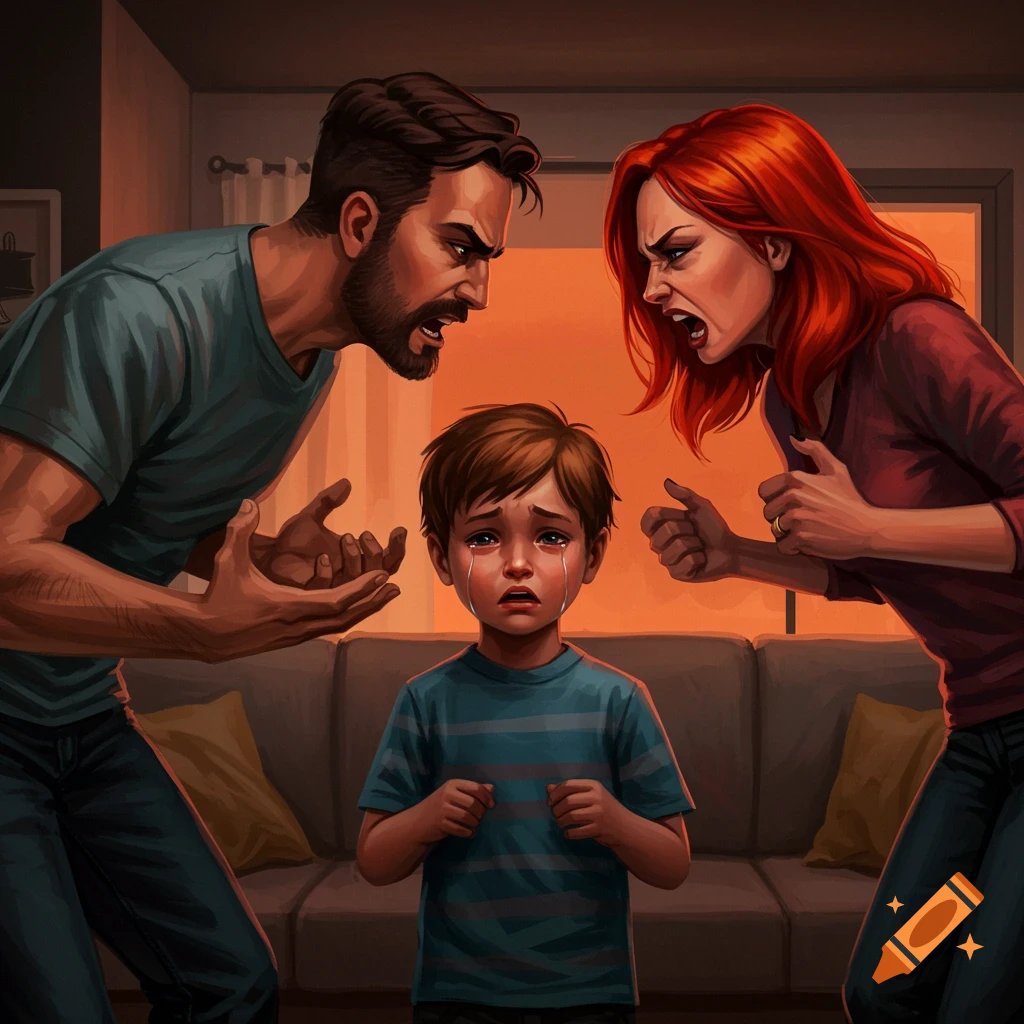 A crying child stands between two angry, yelling parents gesturing aggressively.