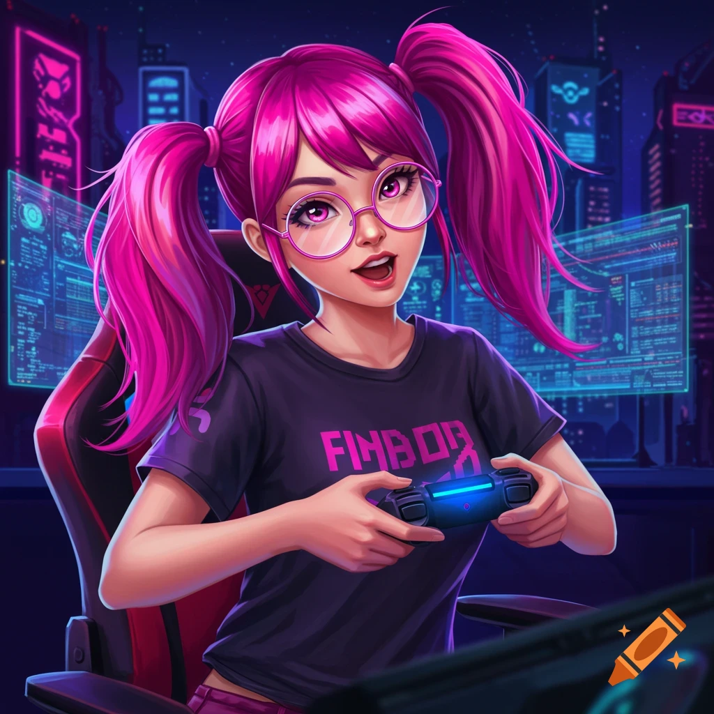 A gamer girl with pink pigtails and glasses sits in a gaming chair, holding a controller, surrounded by neon screens.