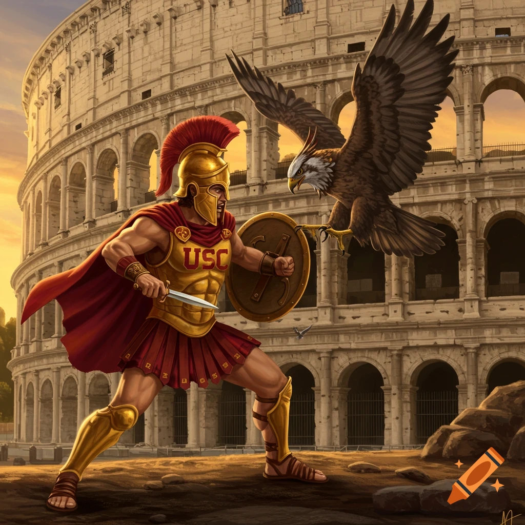 A USC Trojan warrior fighting an eagle in front of the Colosseum at sunset.