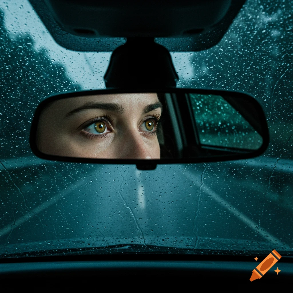 Close up of woman's eyes reflected in a rearview mirror during a rainy drive