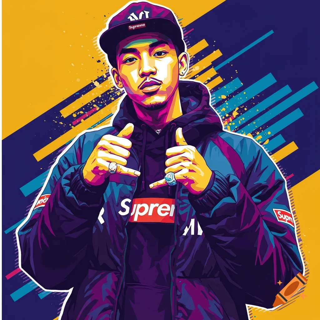 A stylized image of a person wearing a hat and jacket against a colorful abstract background.