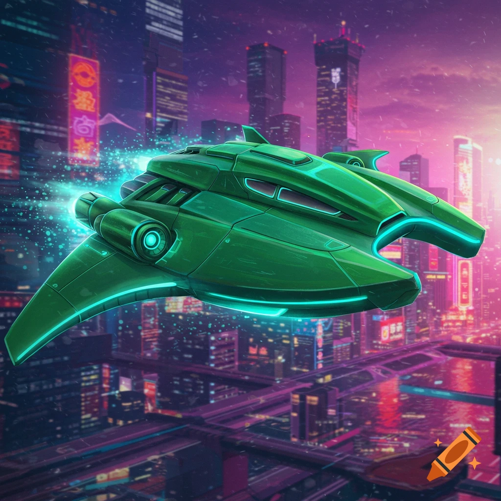 A green futuristic spaceship flying over a neon-lit cyberpunk city.