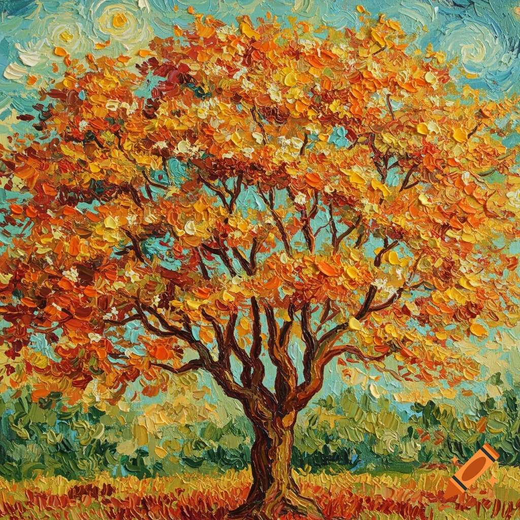 Painting of an orange tree in autumn in Van Gogh style with thick impasto brushstrokes.