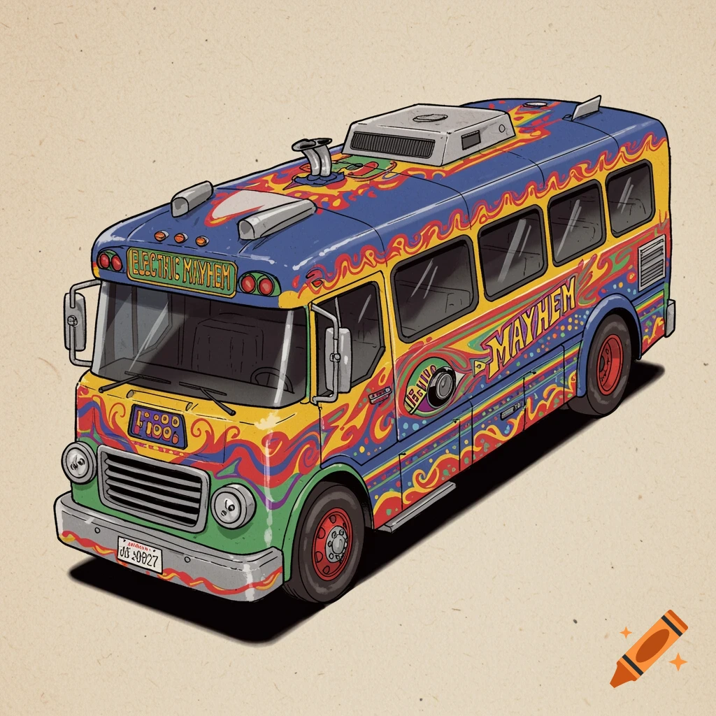 A psychedelic tour bus with Electric Mayhem painted on it, in a cartoon style.