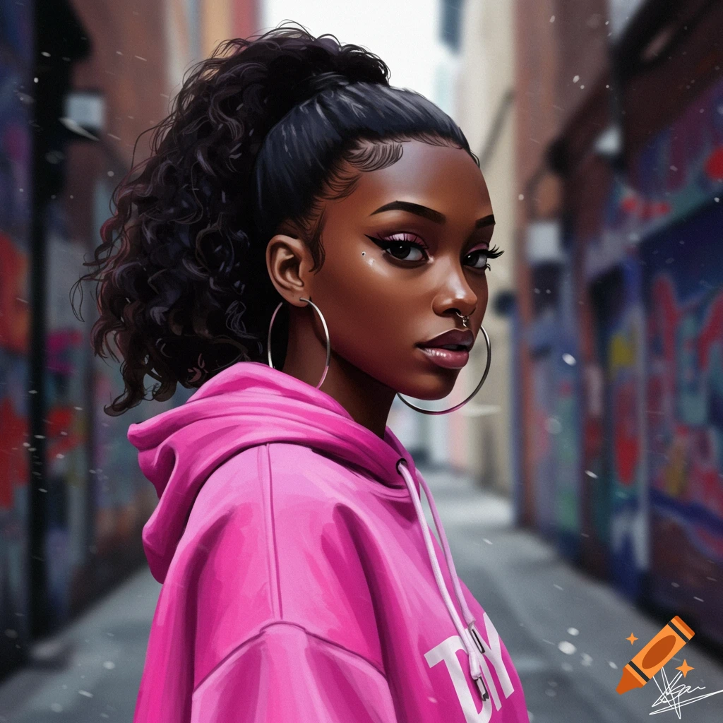 A black woman in a pink hoodie and ponytail in an urban alleyway.