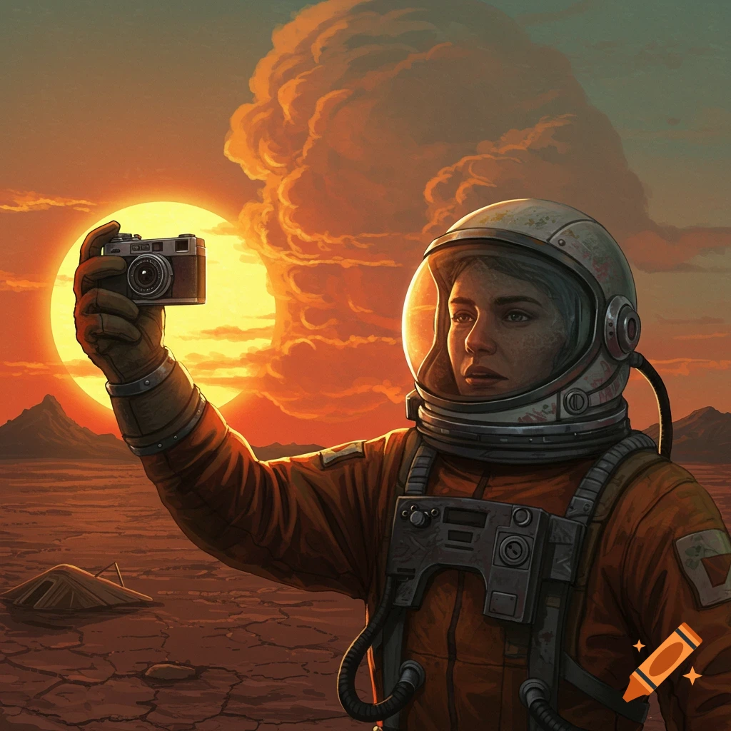 An astronaut taking a selfie on a barren planet with a large sun.