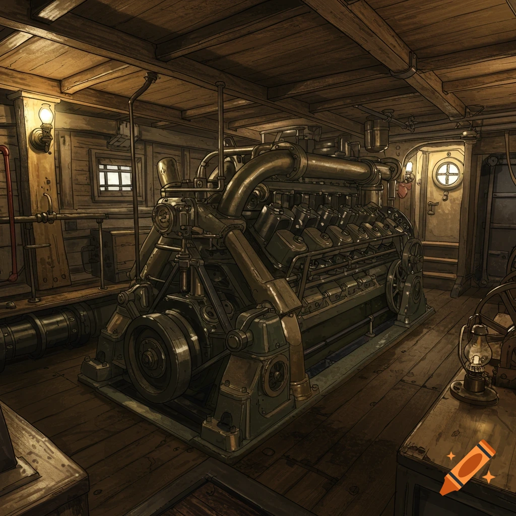 Dimly lit antique boat engine room with a large engine and pipes.