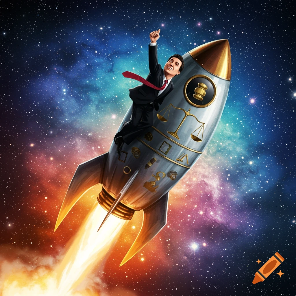 A man in a suit rides a rocket with scales of justice through space.