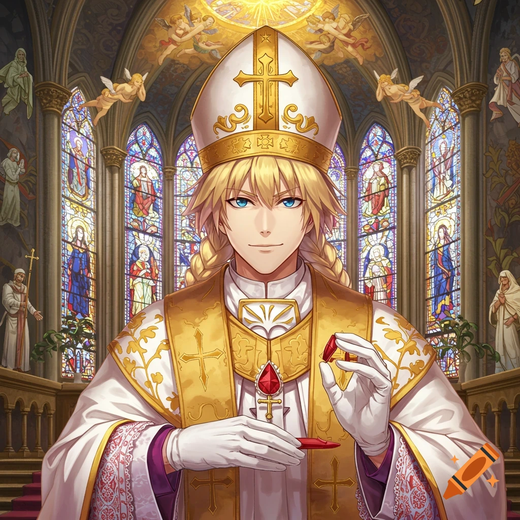 Anime character dressed as a pope in a detailed cathedral setting.
