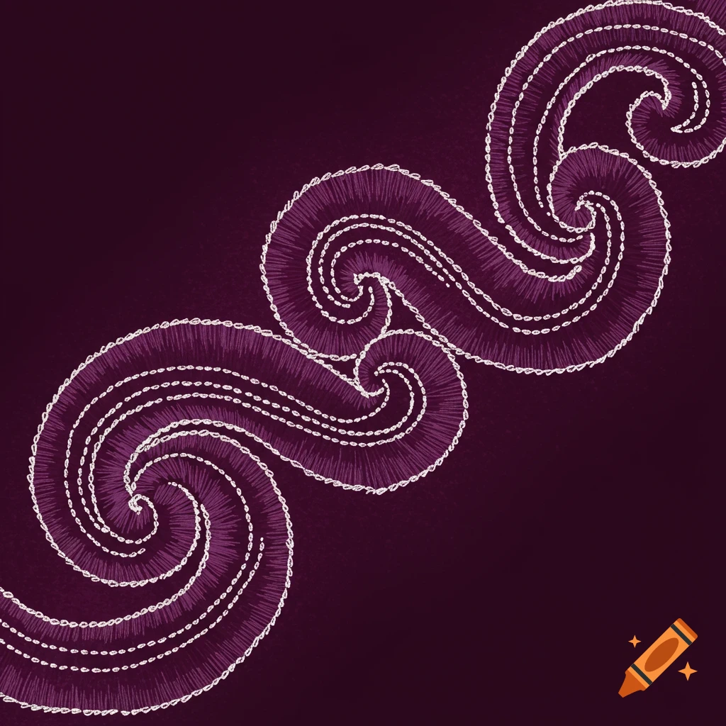 White scroll embroidery stitches on purple background.
