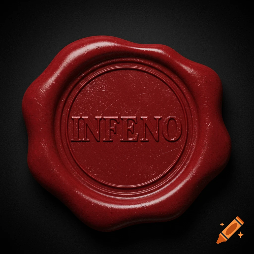 Red wax seal with 'INFERNO' embossed on a dark background.