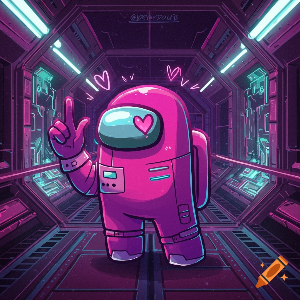 Pink Among Us character making a peace sign in a neon-lit spaceship corridor, digital art