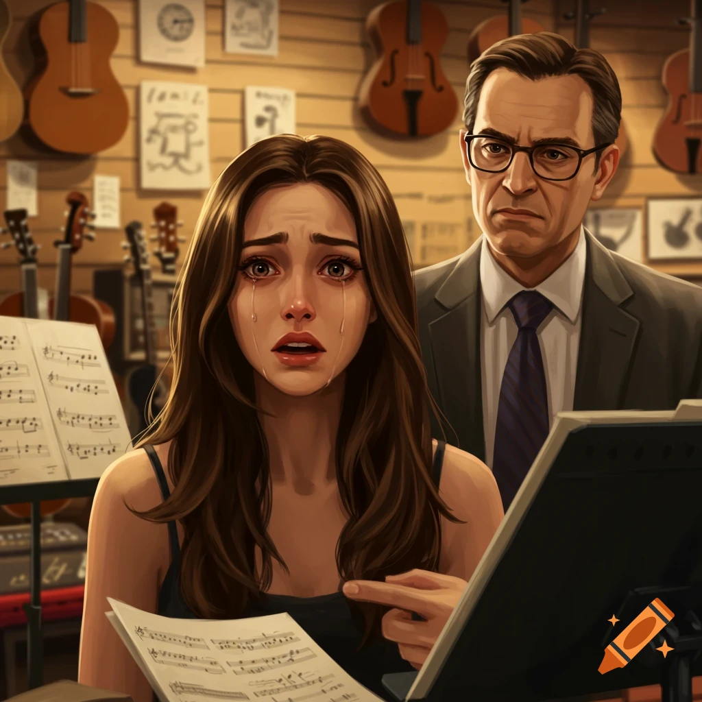 A sad woman points at sheet music while a stern man stands behind her in a music store.