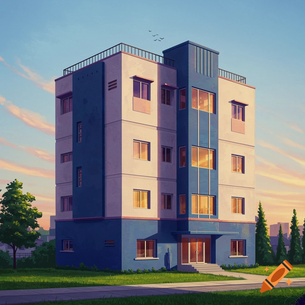 An Art Deco-Bauhaus building with blue and white facade in a suburban setting during golden hour.