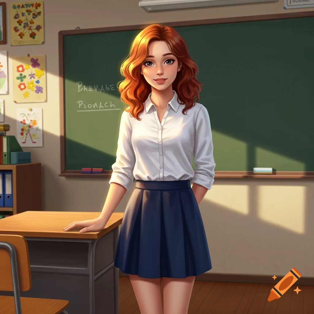 A young female teacher stands by a desk in a classroom.