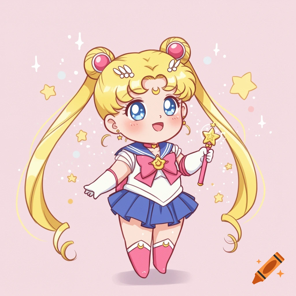 Chibi anime girl resembling Sailor Moon holding a star wand on a pink background with stars and sparkles, vintage cartoon style.